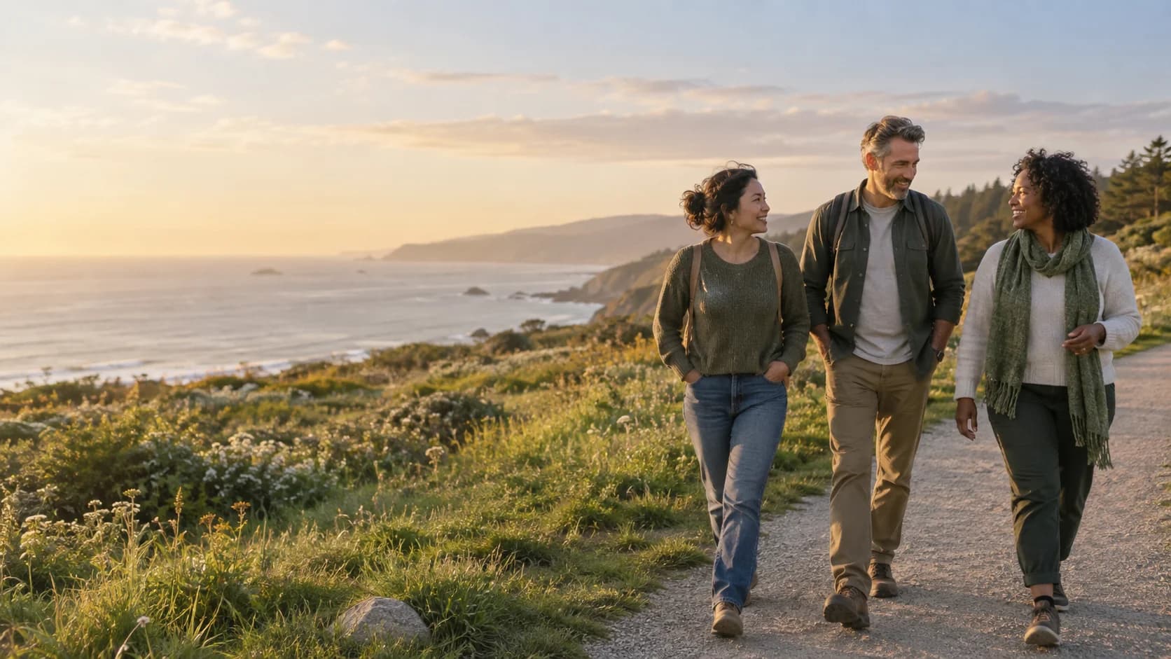 Three friends walking through a sunlit coastal meadow.