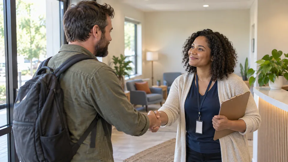 A bright unbranded treatment-center entrance with a staff member greeting an adult visitor.