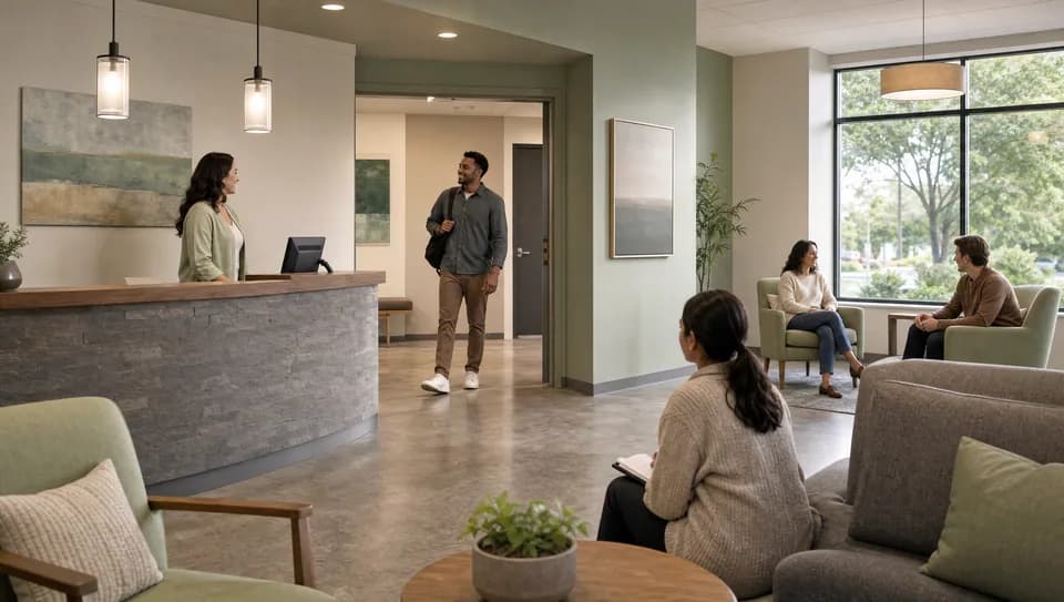 A bright reception hall with a counter, seating and a wide window; a staff member turning toward an arriving visitor at middle distance.